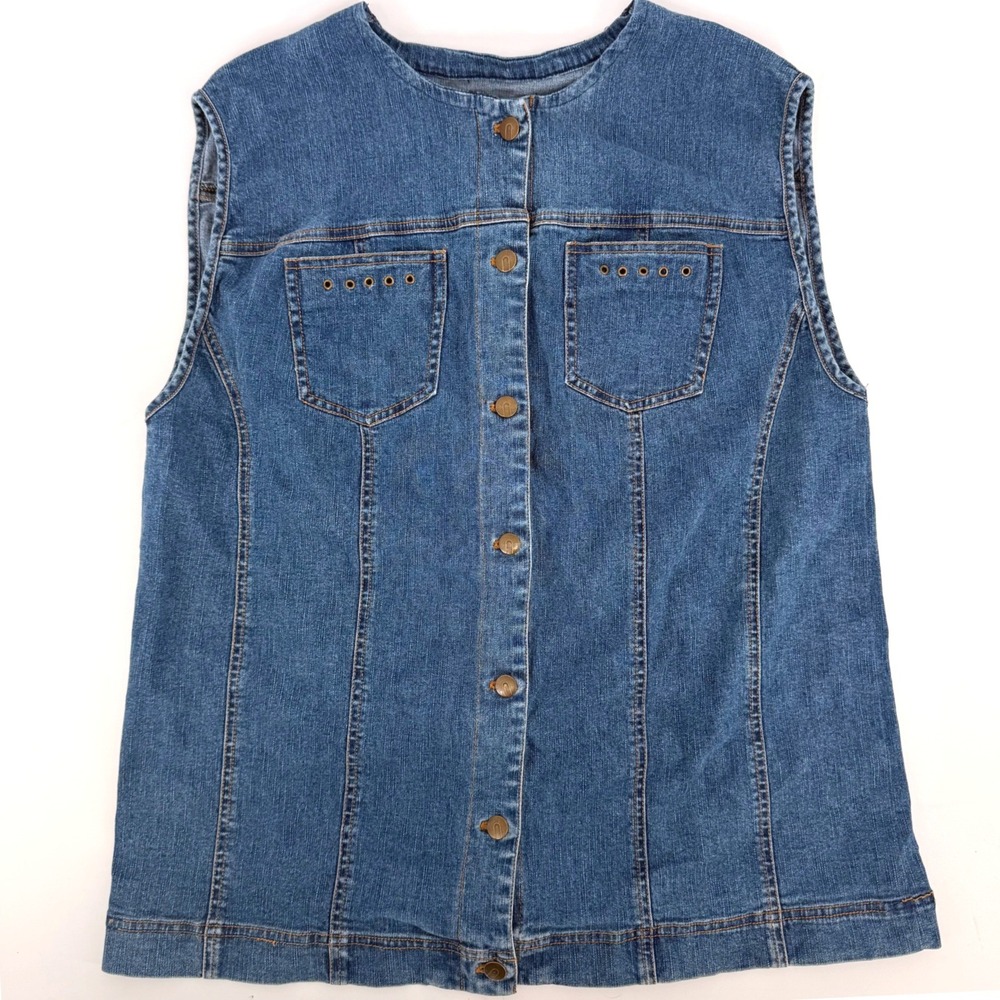 Vintage Blue Denim Vest Sleeveless Button‎ Grommet Medium Wash Indie Western Y2k